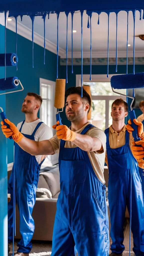 Professional painters masking windows before commercial paint