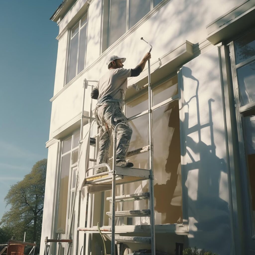 Painters applying primer on commercial building walls