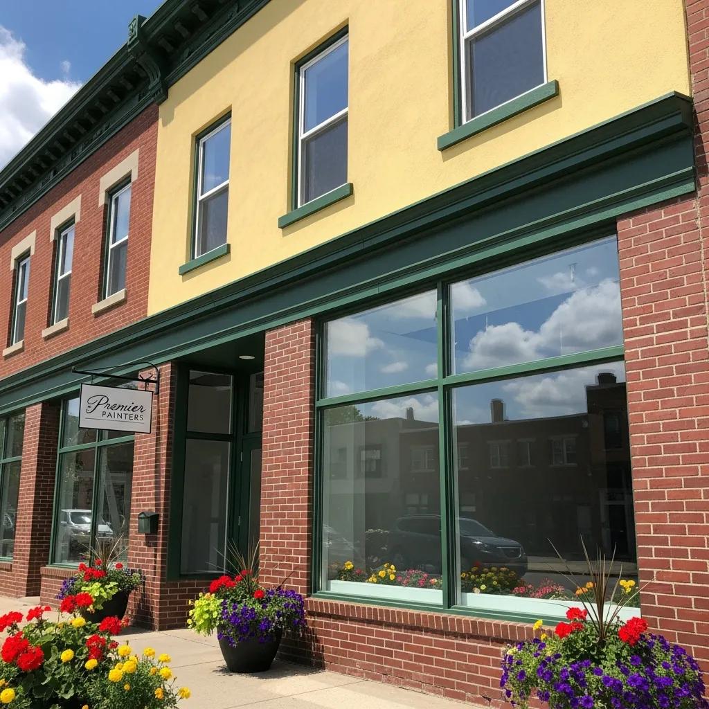 Commercial building exterior with vibrant yellow and green paint, featuring large windows and colorful flower planters, representing professional exterior painting solutions by All Aspects Painting.