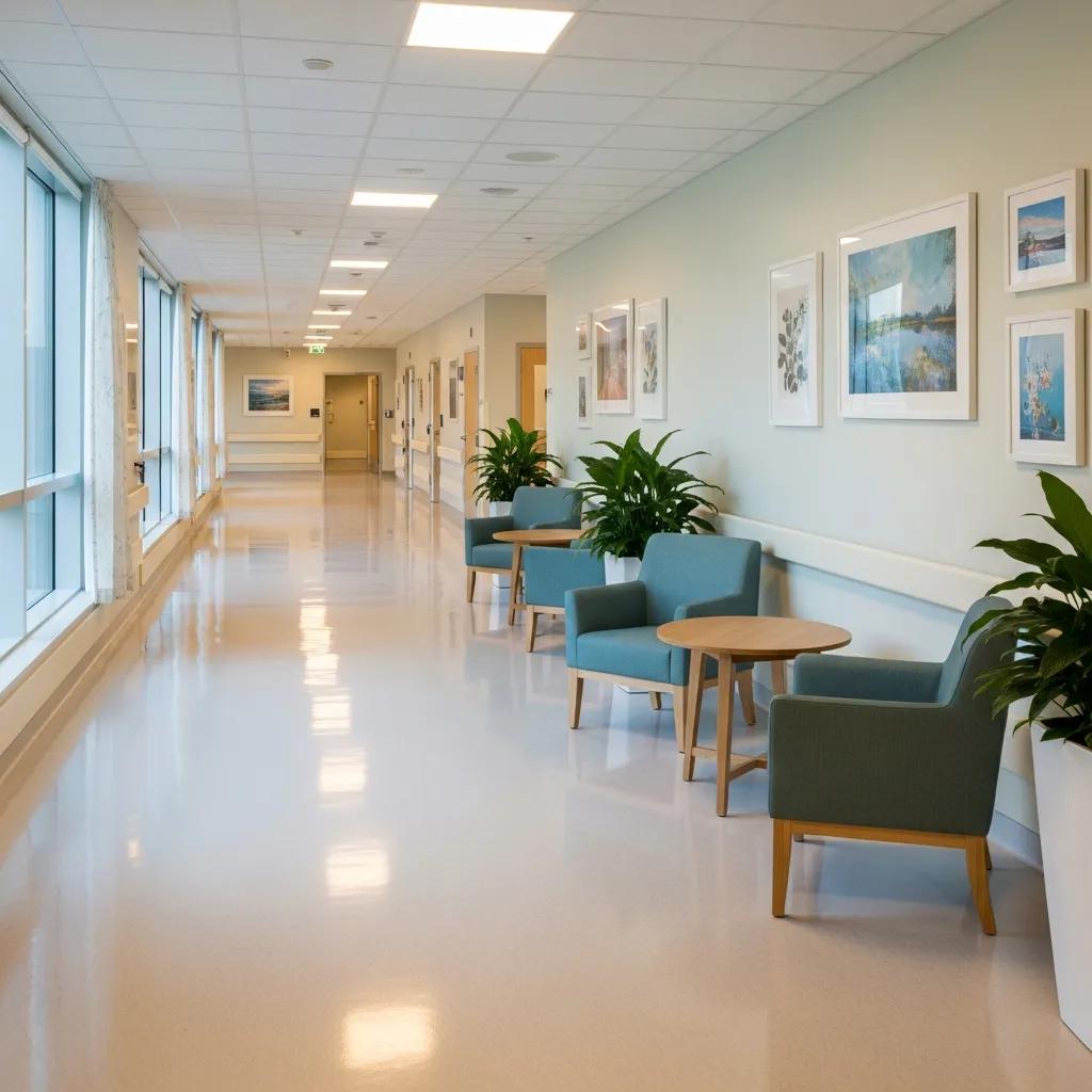 Bright hospital corridor with freshly painted walls, inviting atmosphere, comfortable seating, and decorative artwork, enhancing patient comfort and aesthetics.
