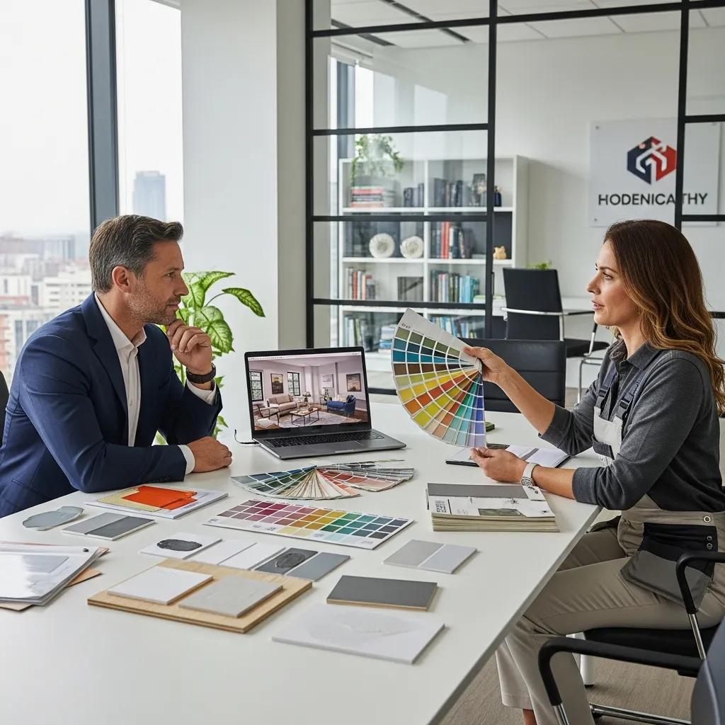 Business owner consulting with a commercial painting contractor, discussing color options for exterior painting, surrounded by paint samples and a laptop displaying design ideas.