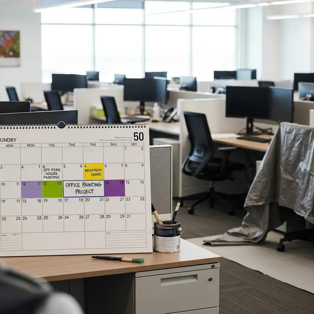 Calendar highlighting off-peak hours for scheduling office painting projects in Philadelphia, with workspace background and painting supplies.