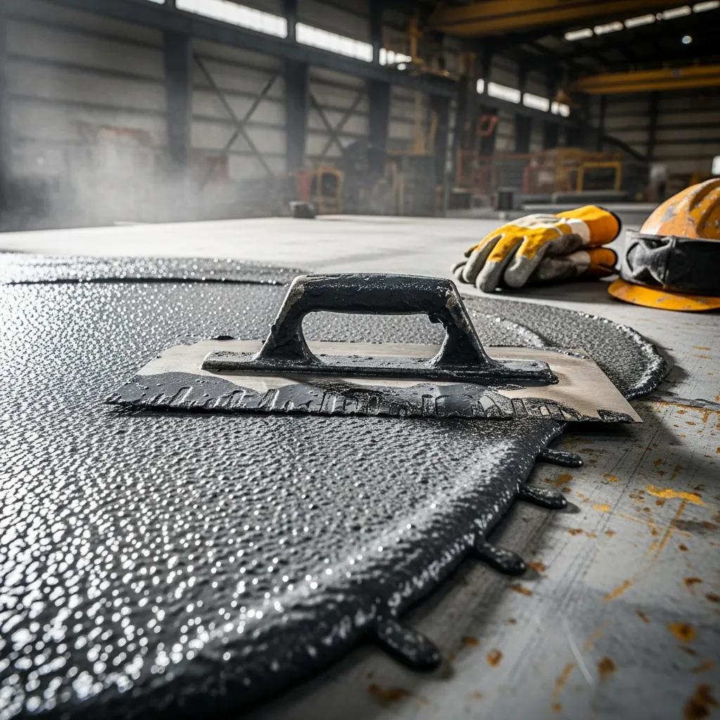 Close-up of trowel applying industrial coating on a surface, showcasing protective benefits and durability for commercial properties, with safety gloves and helmet in background.