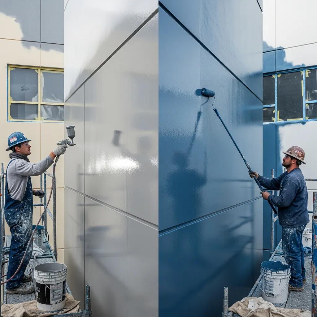 Industrial painters applying high-performance coatings on a commercial building's exterior, showcasing various application techniques and color options.