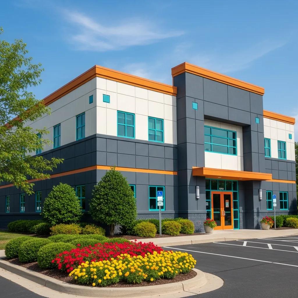 Commercial building with enhanced exterior paint showcasing modern aesthetics, vibrant landscaping with colorful flowers, and clear blue sky, reflecting the benefits of professional exterior commercial painting services.