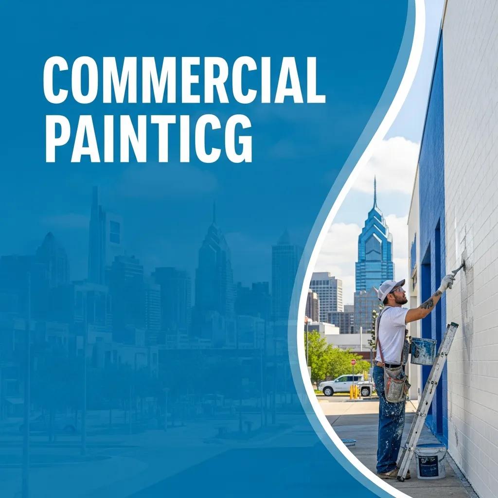 Commercial painter applying fresh paint on a building in Philadelphia, showcasing professionalism and quality service against a city skyline backdrop.