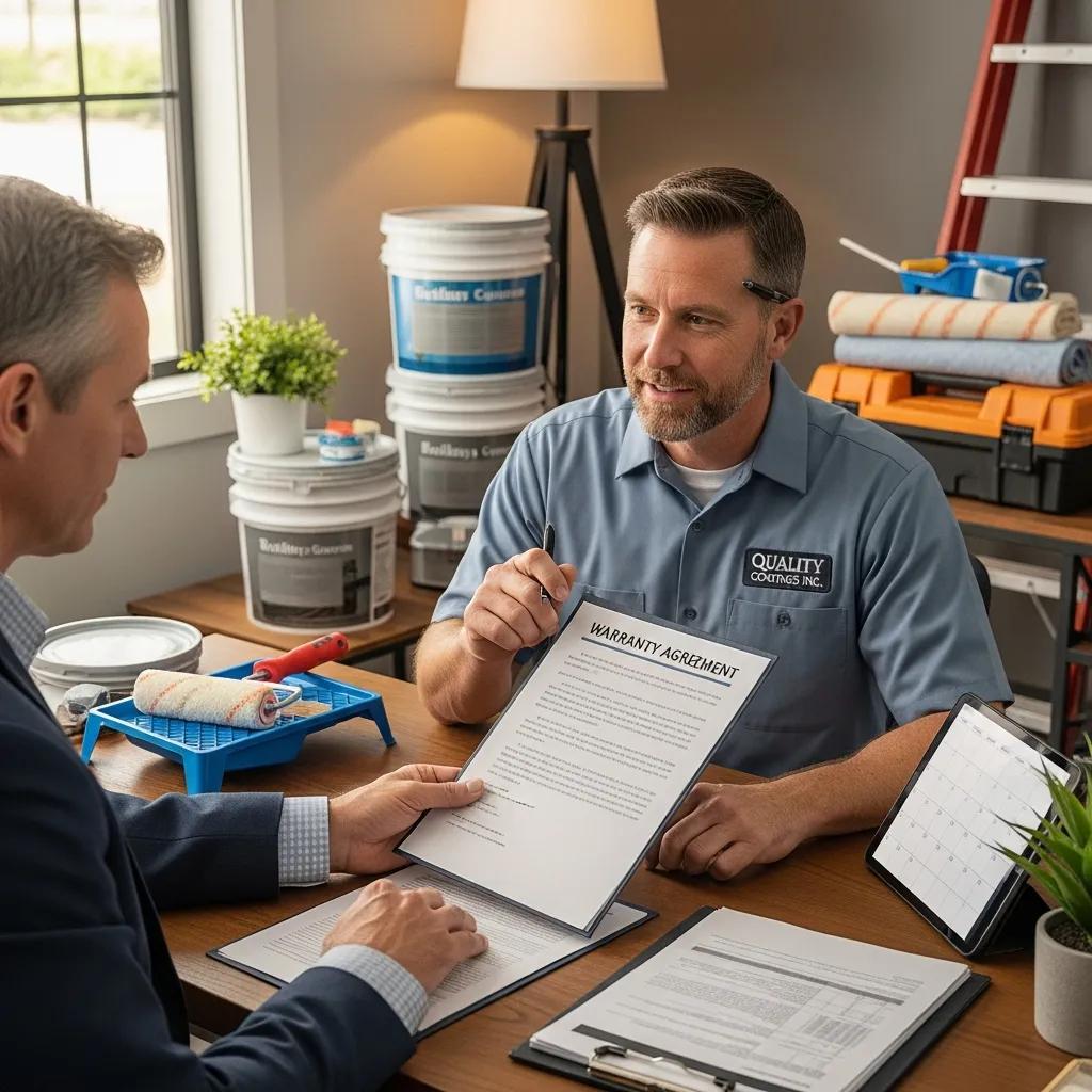 Contractor explaining warranty coverage to business owner, highlighting importance of insurance in commercial painting, with paint supplies and documents on table.