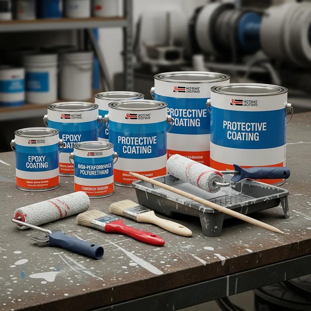 Industrial workspace featuring various types of industrial coatings, including epoxy and protective coatings, alongside painting tools like rollers and brushes, emphasizing the importance of quality finishes in commercial painting services.