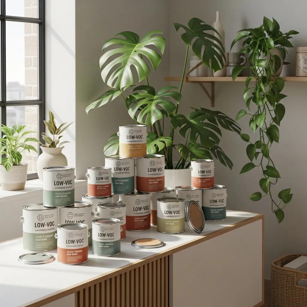 Display of eco-friendly low-VOC paint cans in a modern office setting, highlighting sustainable options for office painting projects.