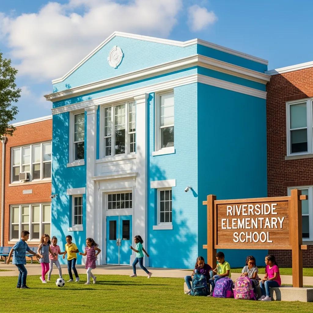 Children playing outside Riverside Elementary School, featuring a vibrant blue exterior and a wooden sign displaying the school's name, illustrating a welcoming educational environment.