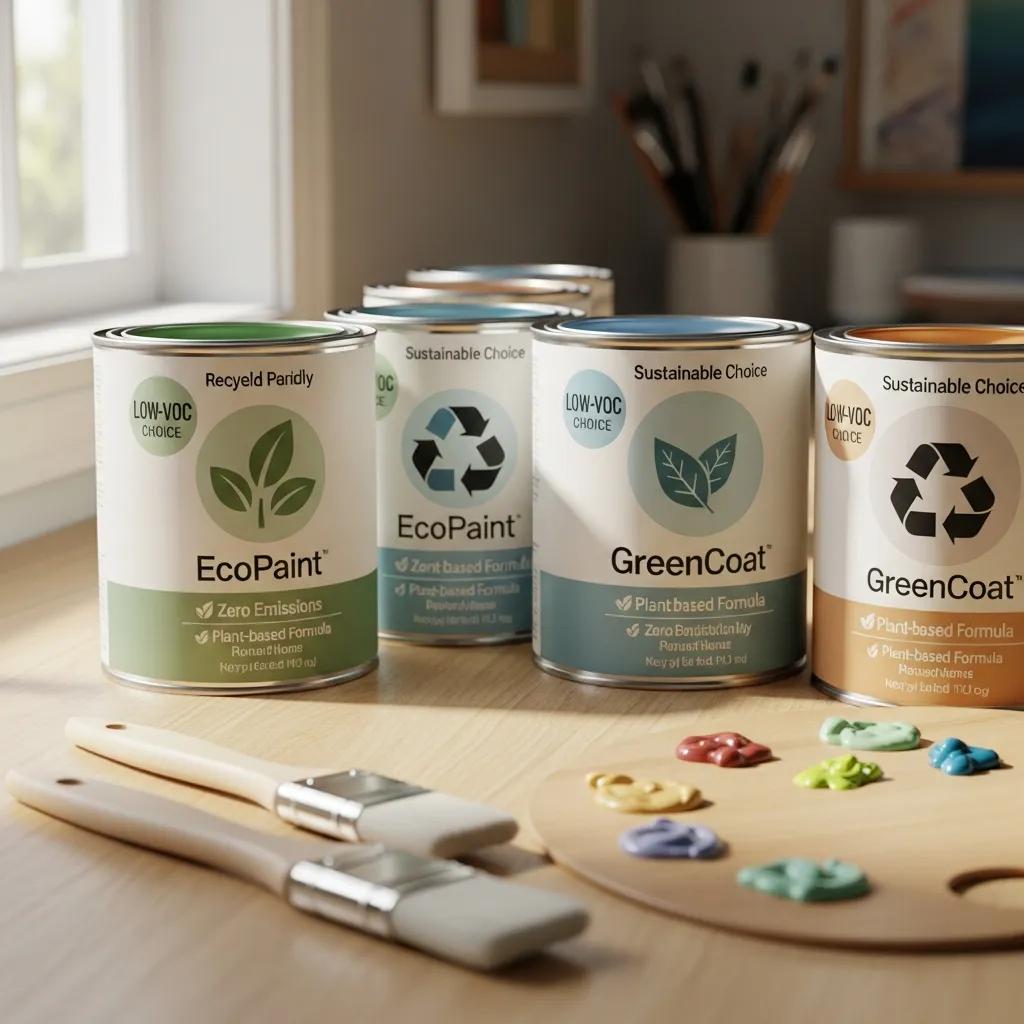 Eco-friendly paint cans showcasing low-VOC options in a clean workspace, emphasizing sustainable and plant-based formulas for commercial painting solutions.