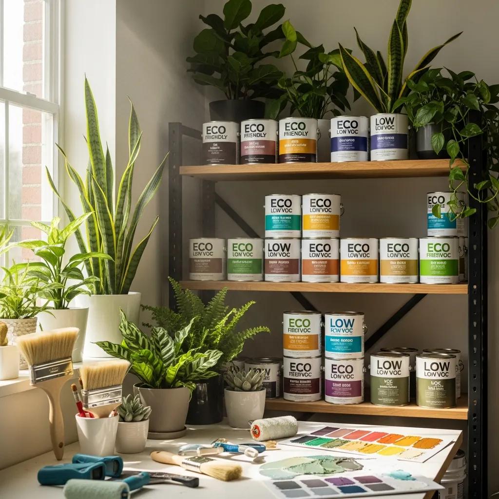 Eco-friendly and low-VOC paint products displayed on shelves in a workspace, emphasizing sustainability in commercial painting projects, surrounded by plants and painting tools.