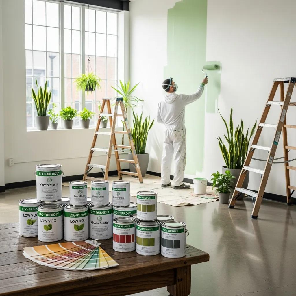 Eco-friendly painting in a commercial interior, featuring a painter applying low-VOC paint on a wall, surrounded by indoor plants and paint cans labeled "Eco Friendly" and "Low VOC," emphasizing sustainable practices in Philadelphia painting services.