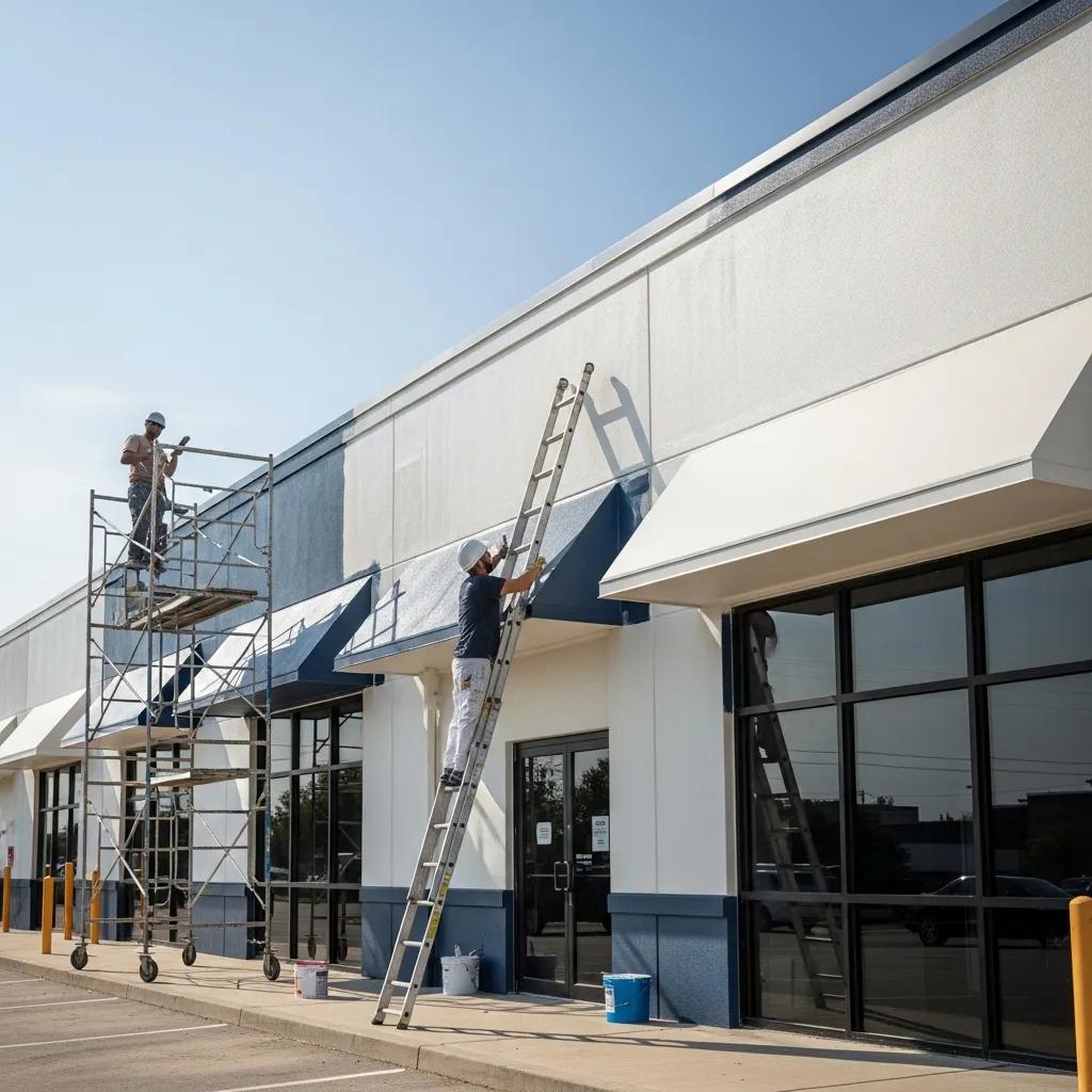 Commercial painters working on the exterior of a building, using scaffolding and ladders, applying high-quality paint for durability and protection against weather damage.