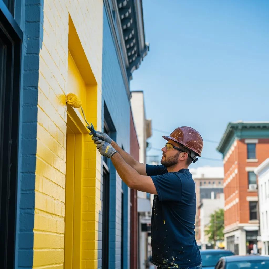 Painter applying yellow paint to a commercial building in Philadelphia, showcasing professional exterior painting services by All Aspects Painting.