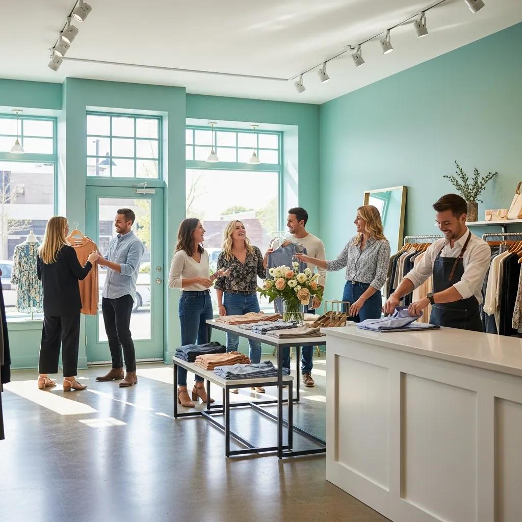 Freshly painted commercial retail space with satisfied employees and customers engaging, showcasing the positive impact of professional painting services.