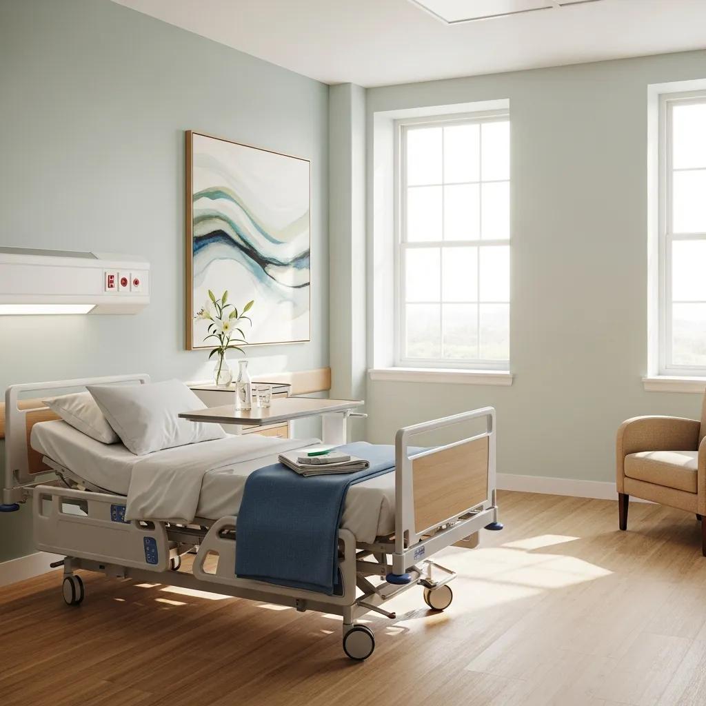 Freshly painted hospital room with a hospital bed, light green walls, large windows, and modern decor illustrating the benefits of professional interior painting for healthcare environments.
