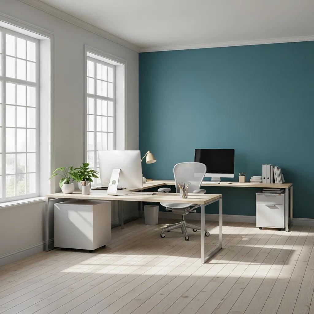 Freshly painted office interior with a professional and inviting atmosphere, featuring a modern desk setup, computers, and natural light from large windows.