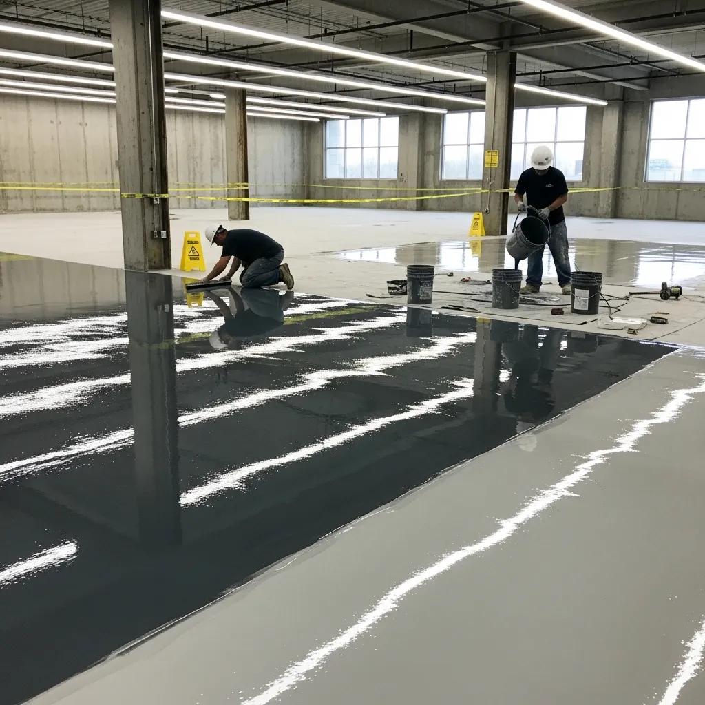 Workers applying glossy epoxy floor coating in a commercial space, showcasing a modern office environment with minimal disruption.