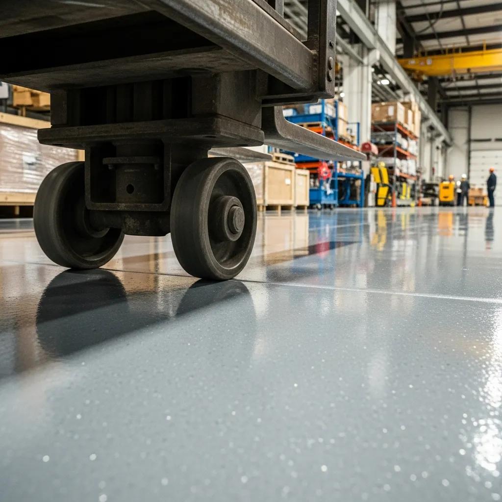 Heavy machinery on a durable epoxy floor in an industrial setting, showcasing the smooth, shiny surface designed for chemical resistance and heavy traffic.