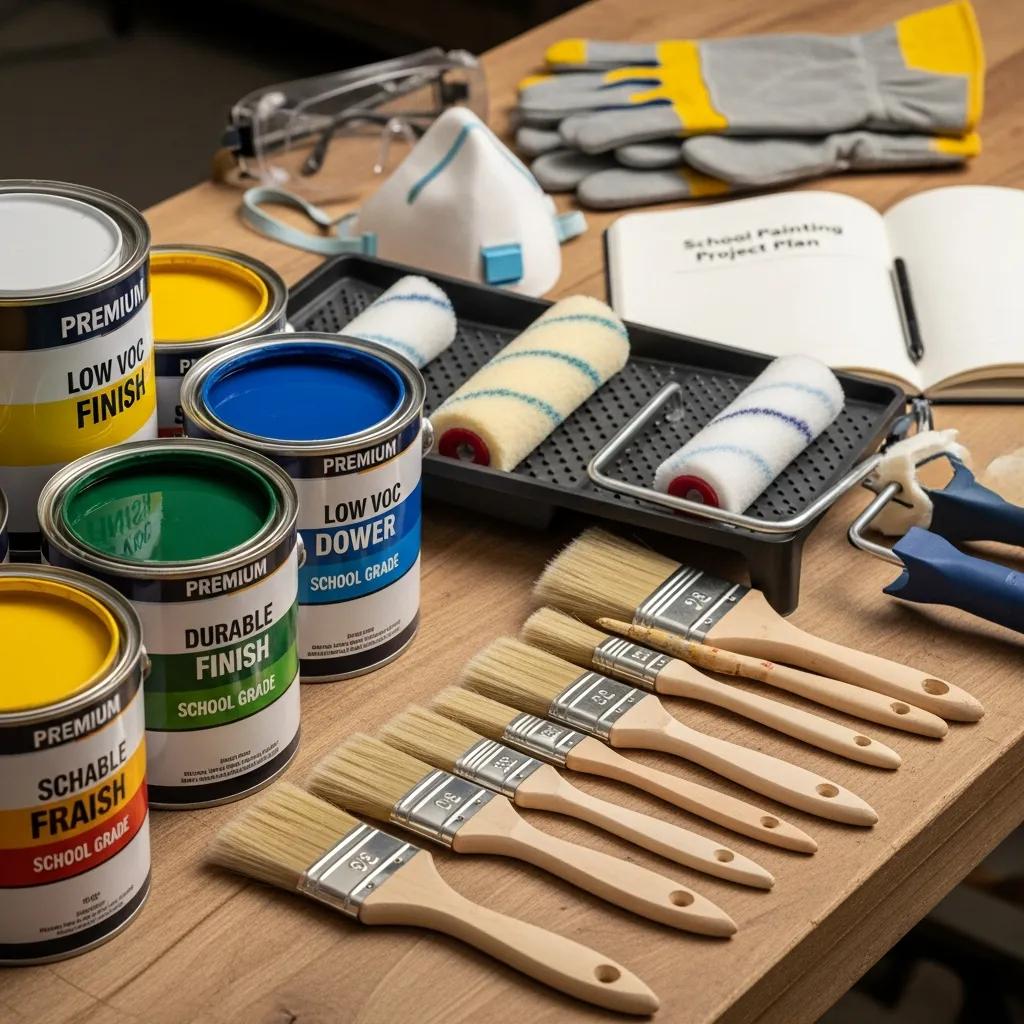 High-quality painting materials and tools for educational facility painting, including paint cans labeled "Low VOC Finish" and "School Grade," paint rollers, brushes, safety goggles, gloves, and a project plan notebook.