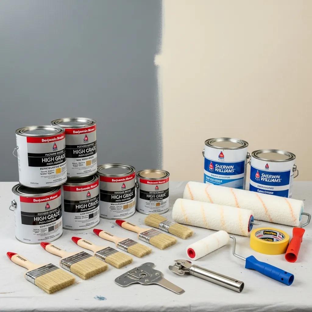 High-quality painting materials and tools for commercial interior painting, featuring Benjamin Moore and Sherwin-Williams paint cans, brushes, rollers, and accessories, emphasizing professional standards.