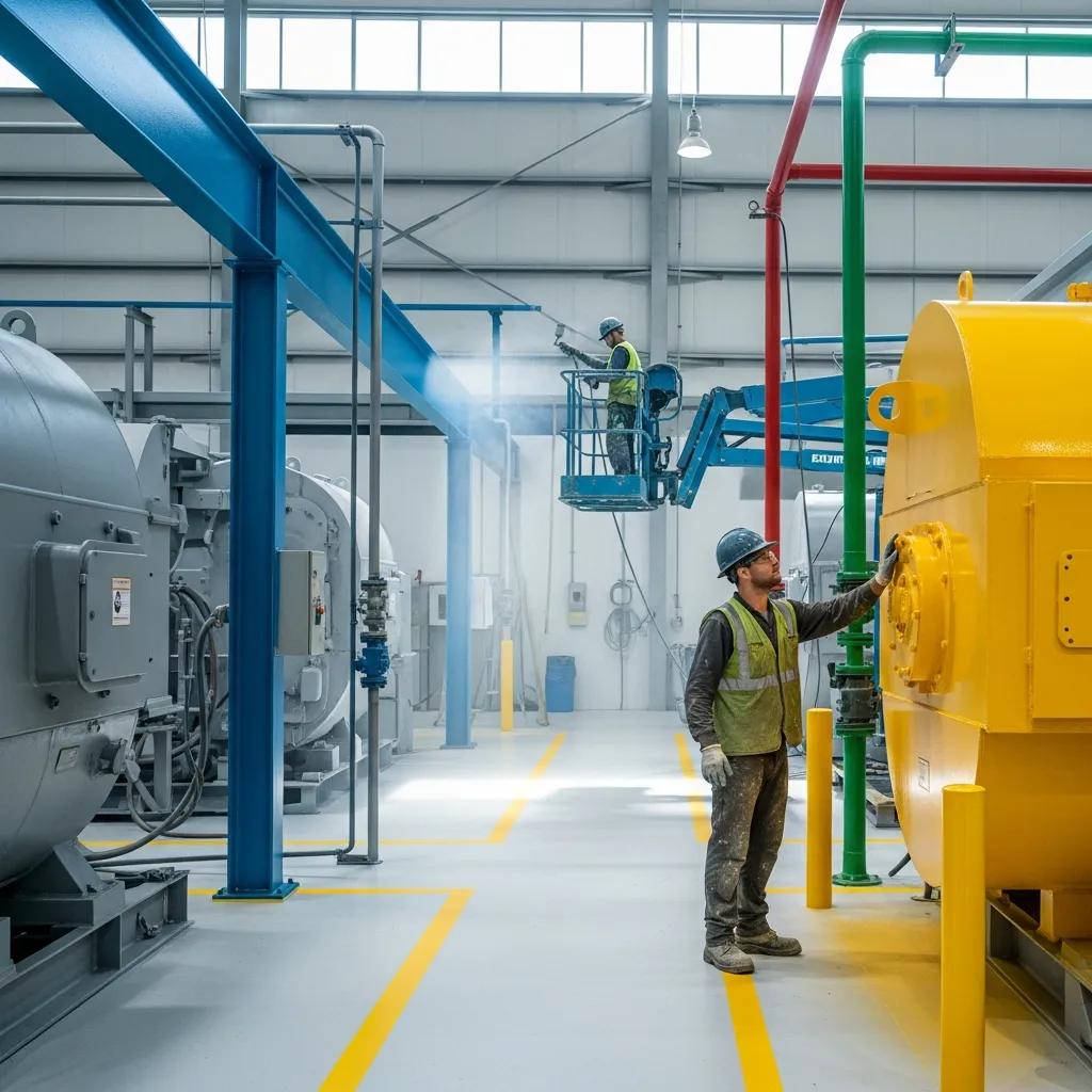 Industrial facility with workers applying paint to machinery, showcasing professional industrial painting services in a commercial setting, emphasizing durability and aesthetics.