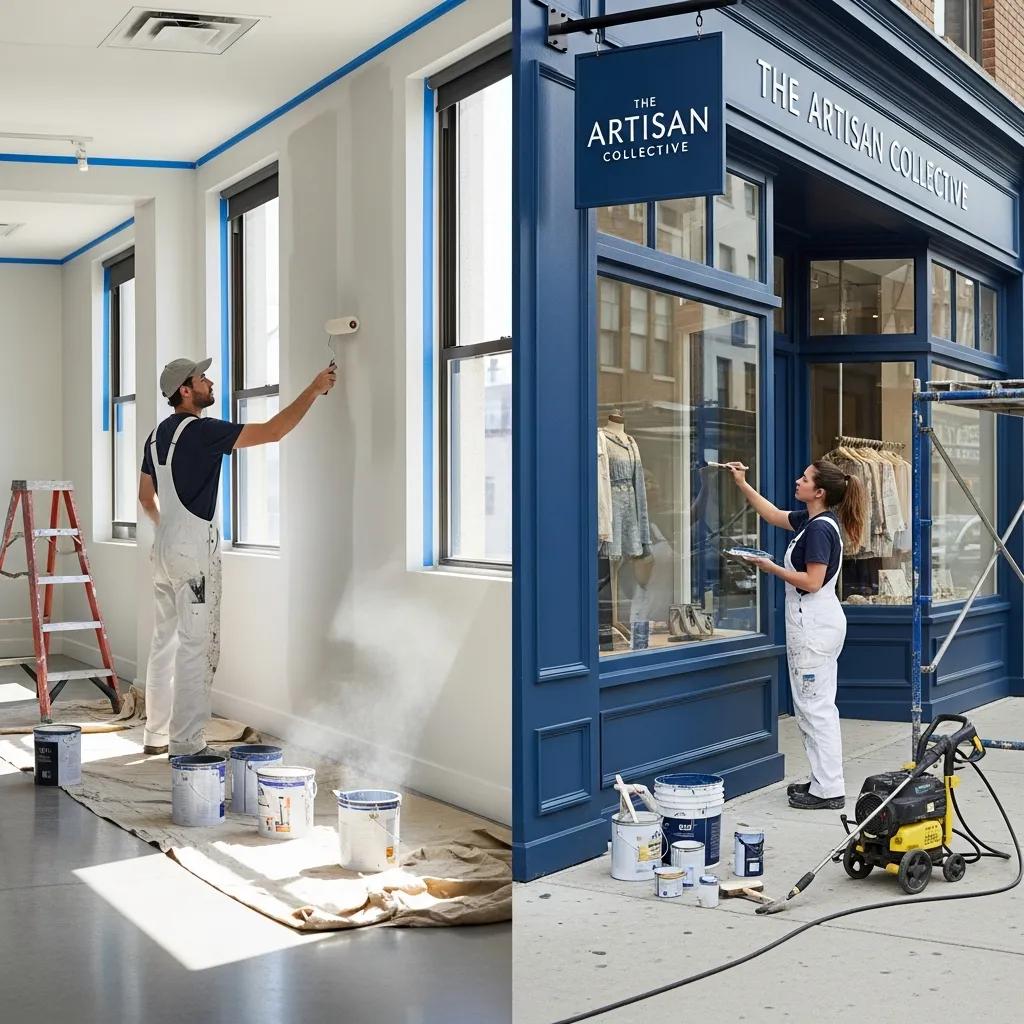 Professional painters applying interior and exterior commercial painting services at The Artisan Collective, showcasing a man painting indoors and a woman working on the storefront, with paint supplies visible.