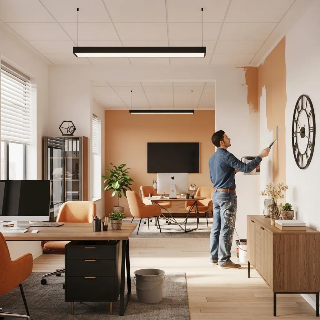 Interior office space being painted, showcasing a professional and inviting atmosphere with a painter applying a warm color on the wall, modern furniture, and a well-lit environment.