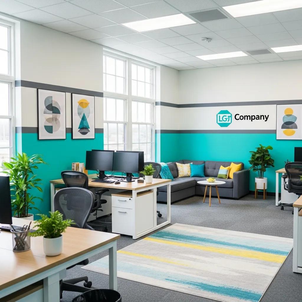 Modern office space featuring freshly painted walls in teal and gray, showcasing professional painting services, with desks, computers, and a cozy seating area for LGT Company.
