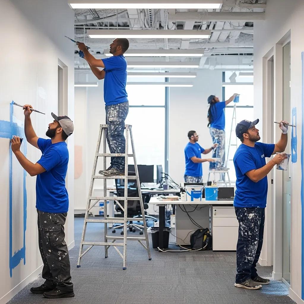 Office painting crew working in a modern Philadelphia office, showcasing professional painters applying vibrant colors with minimal disruption to the workspace.