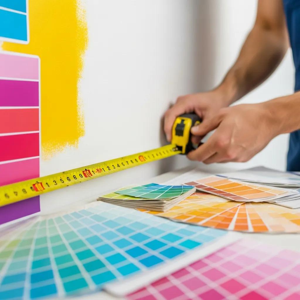 Painter measuring a wall with a tape measure, surrounded by paint samples in a commercial space, illustrating the process of estimating commercial painting costs in Philadelphia.