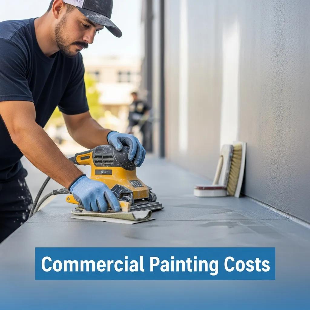 Man preparing a surface for commercial painting with a sander, emphasizing factors influencing painting costs.
