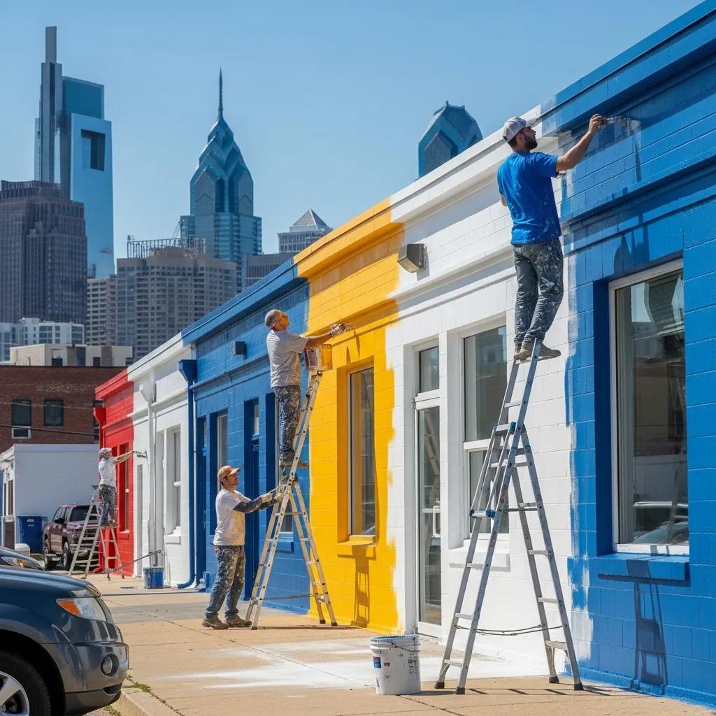 Professional commercial painters applying vibrant colors to a building in Philadelphia, showcasing a blue, yellow, and red color scheme with city skyline in the background.