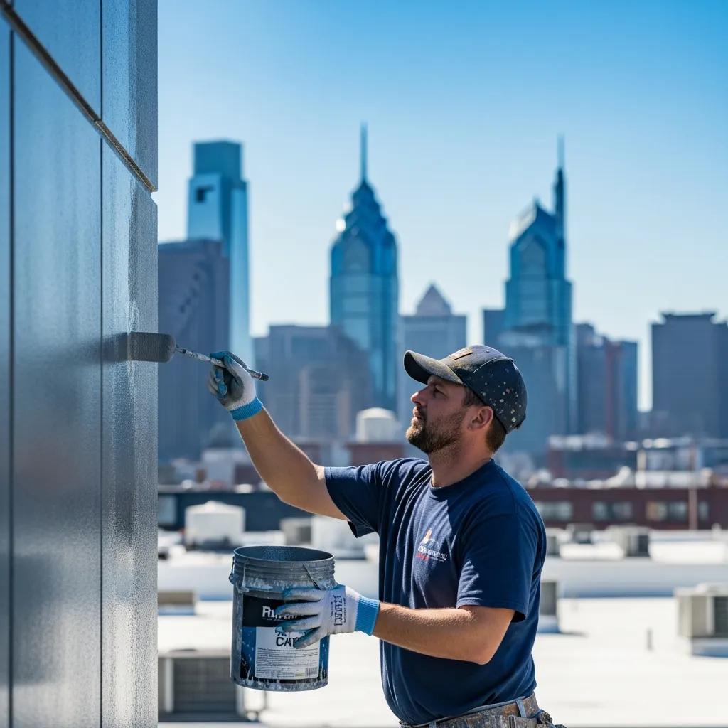 Professional industrial painter applying protective coating to a commercial building in Philadelphia, with city skyline in the background.