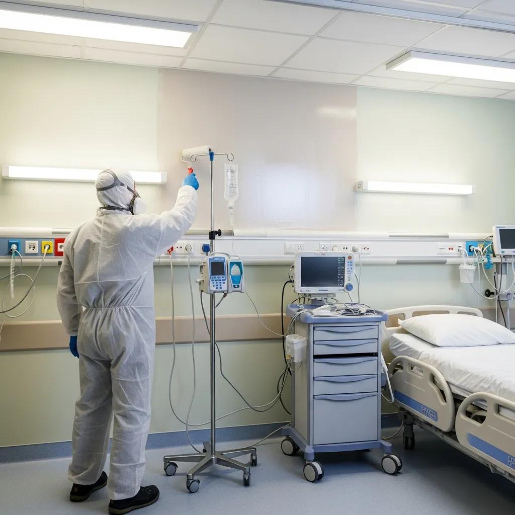 Professional painter applying antimicrobial coating in hospital room, wearing protective gear, with medical equipment and patient bed in background.
