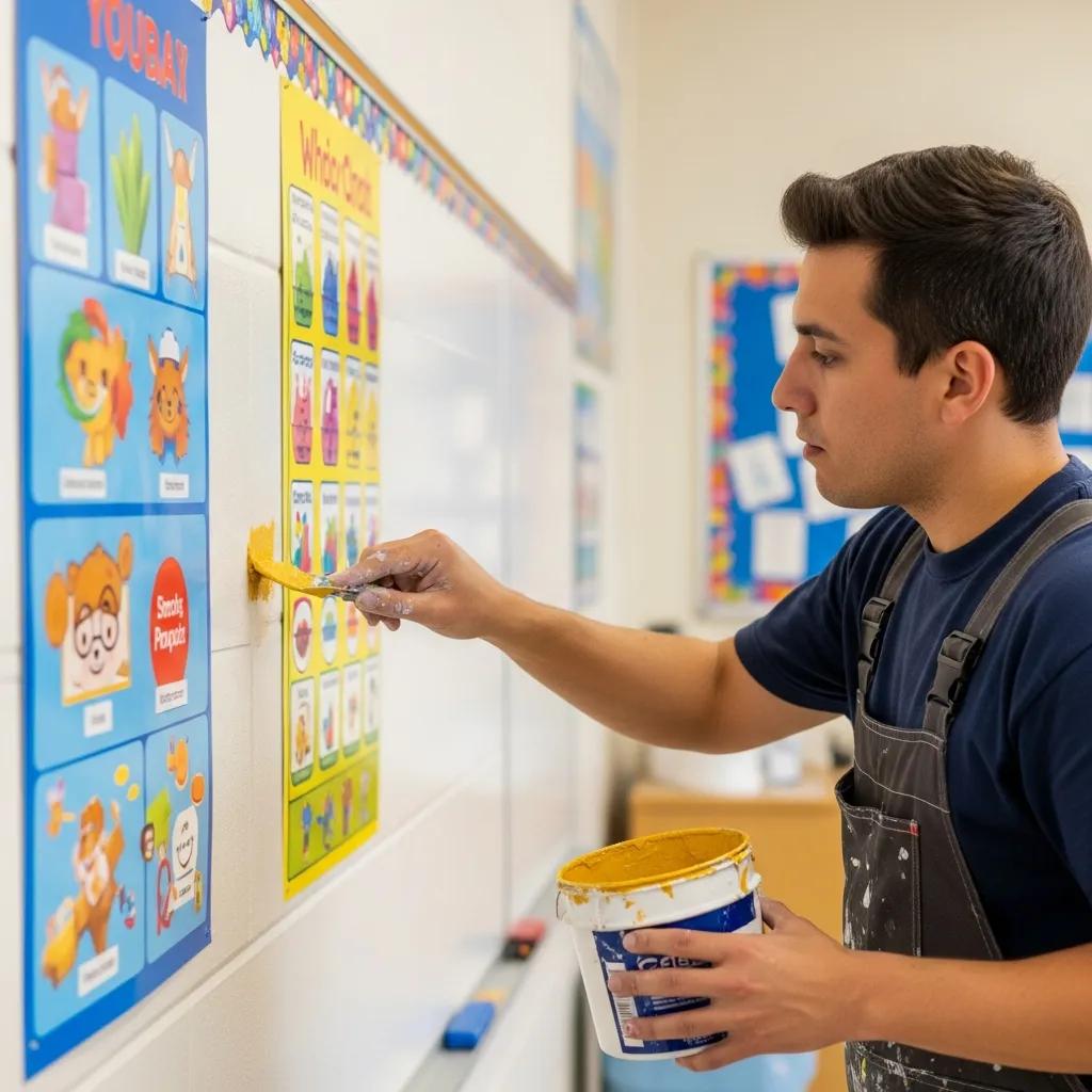 Professional painter applying fresh yellow paint in a school classroom, enhancing educational environment with colorful learning charts on the walls.