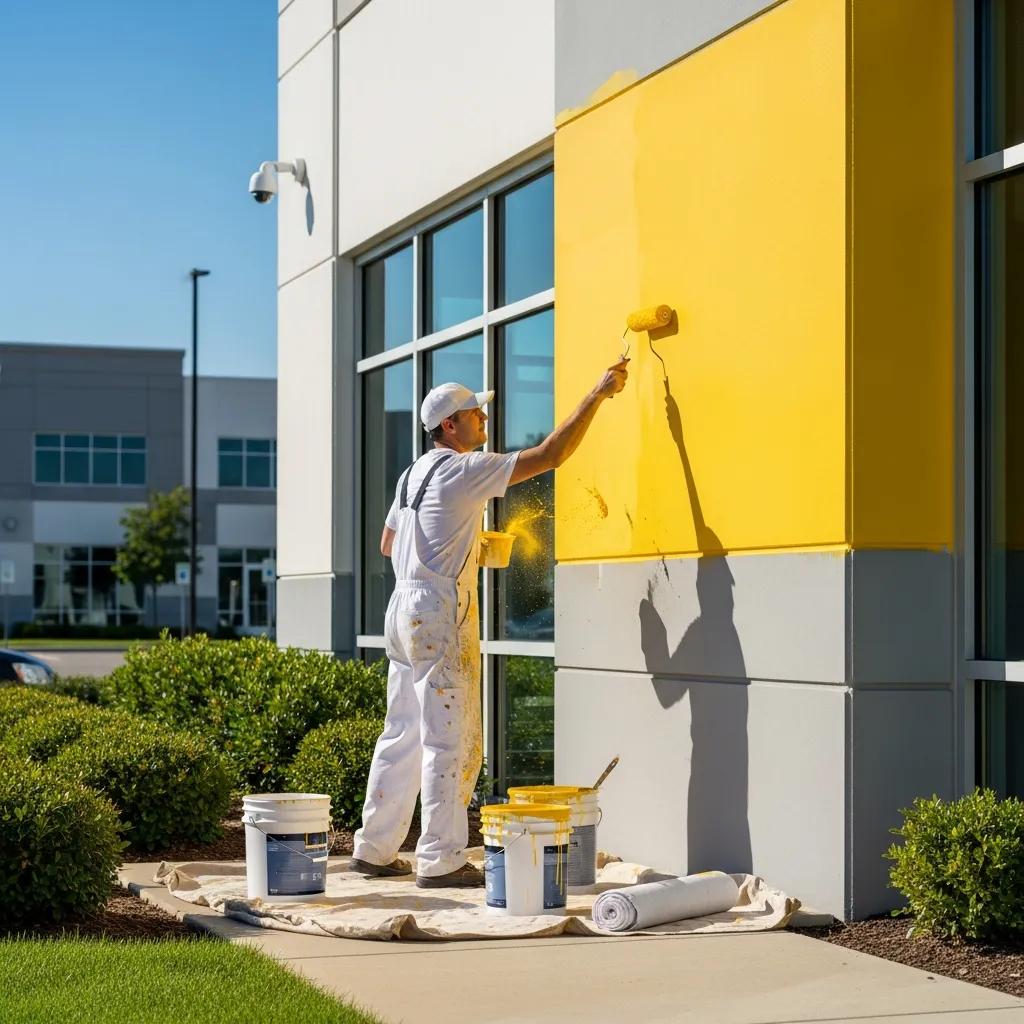 Professional painter applying fresh yellow paint to a commercial building, highlighting the importance of expert commercial painting services for enhancing business aesthetics.