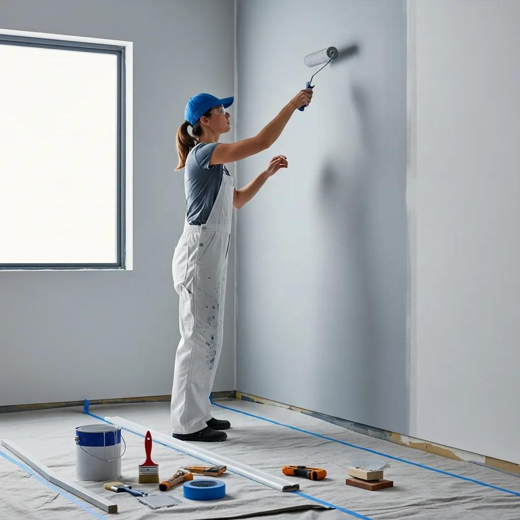 Professional painter applying high-quality paint to an office wall, showcasing expertise in interior painting, with tools and materials visible on the floor.