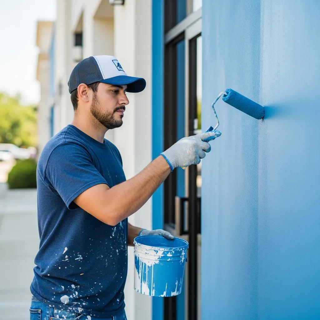 Professional painter applying fresh blue paint to a commercial building in Philadelphia, showcasing quality craftsmanship and attention to detail.