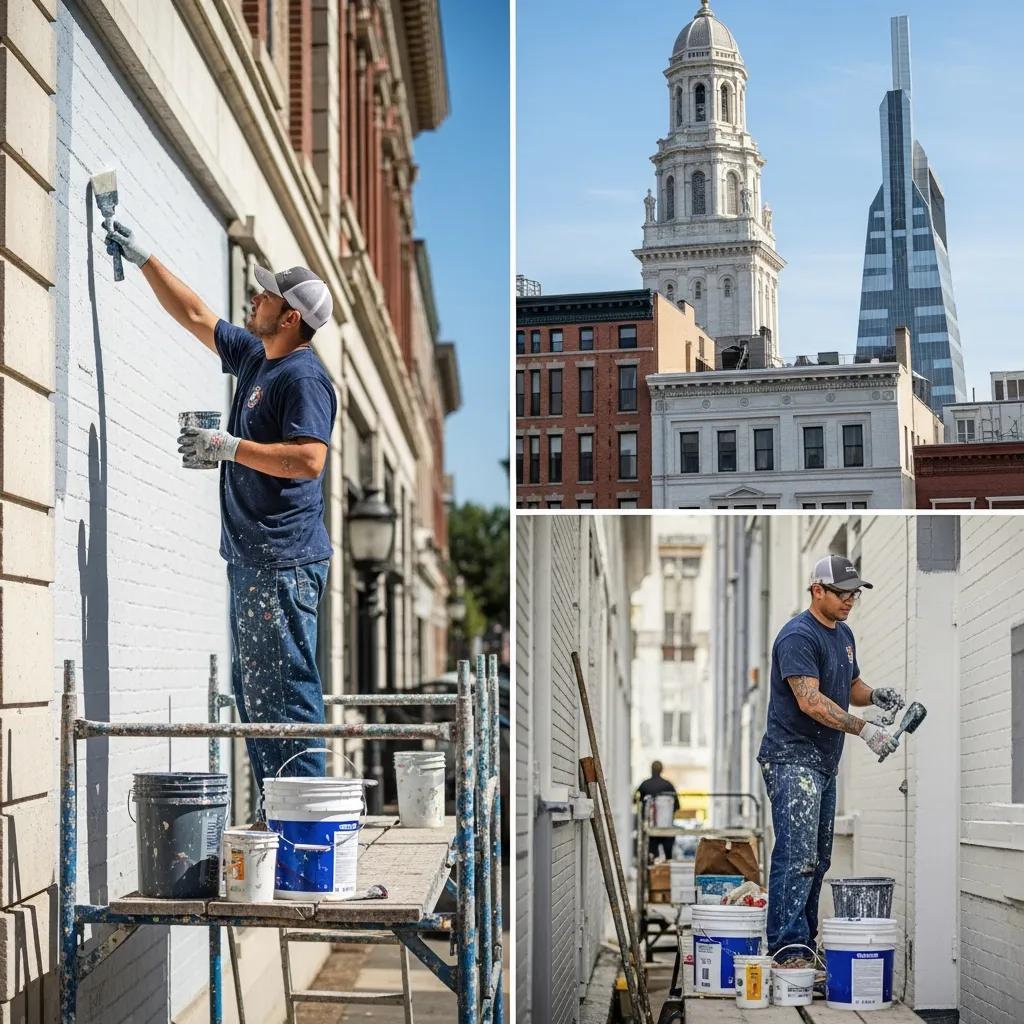 Professional painter applying vibrant paint on a commercial building in Philadelphia, showcasing tools and surrounding urban architecture.