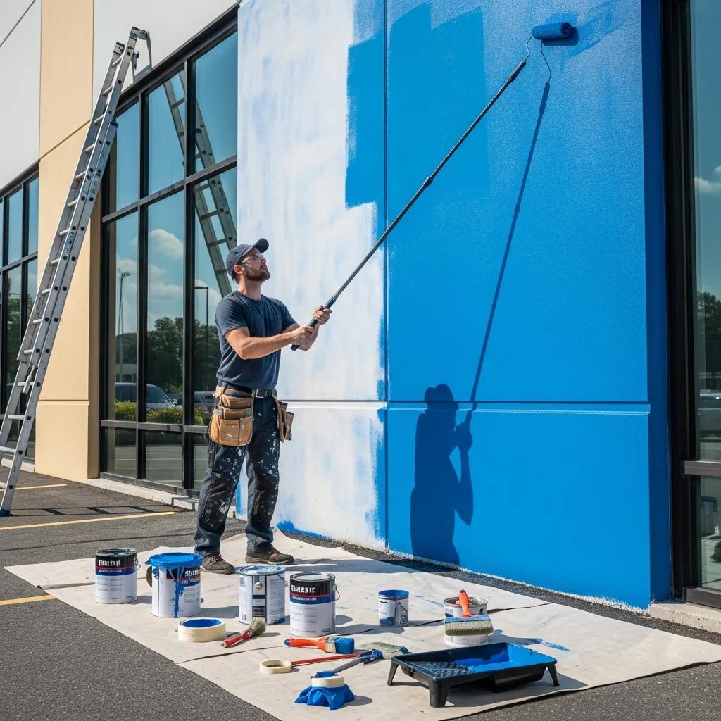 Professional painter applying blue paint on a commercial building, showcasing high-quality painting services with tools and paint supplies arranged on the ground.