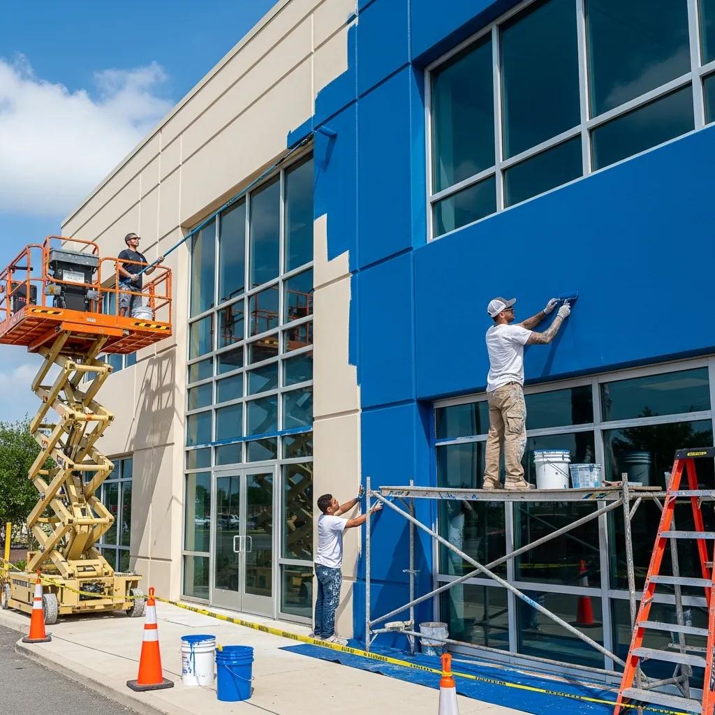 Professional painters applying fresh blue paint to a commercial building's exterior, using scaffolding and a lift, showcasing quality commercial painting services.