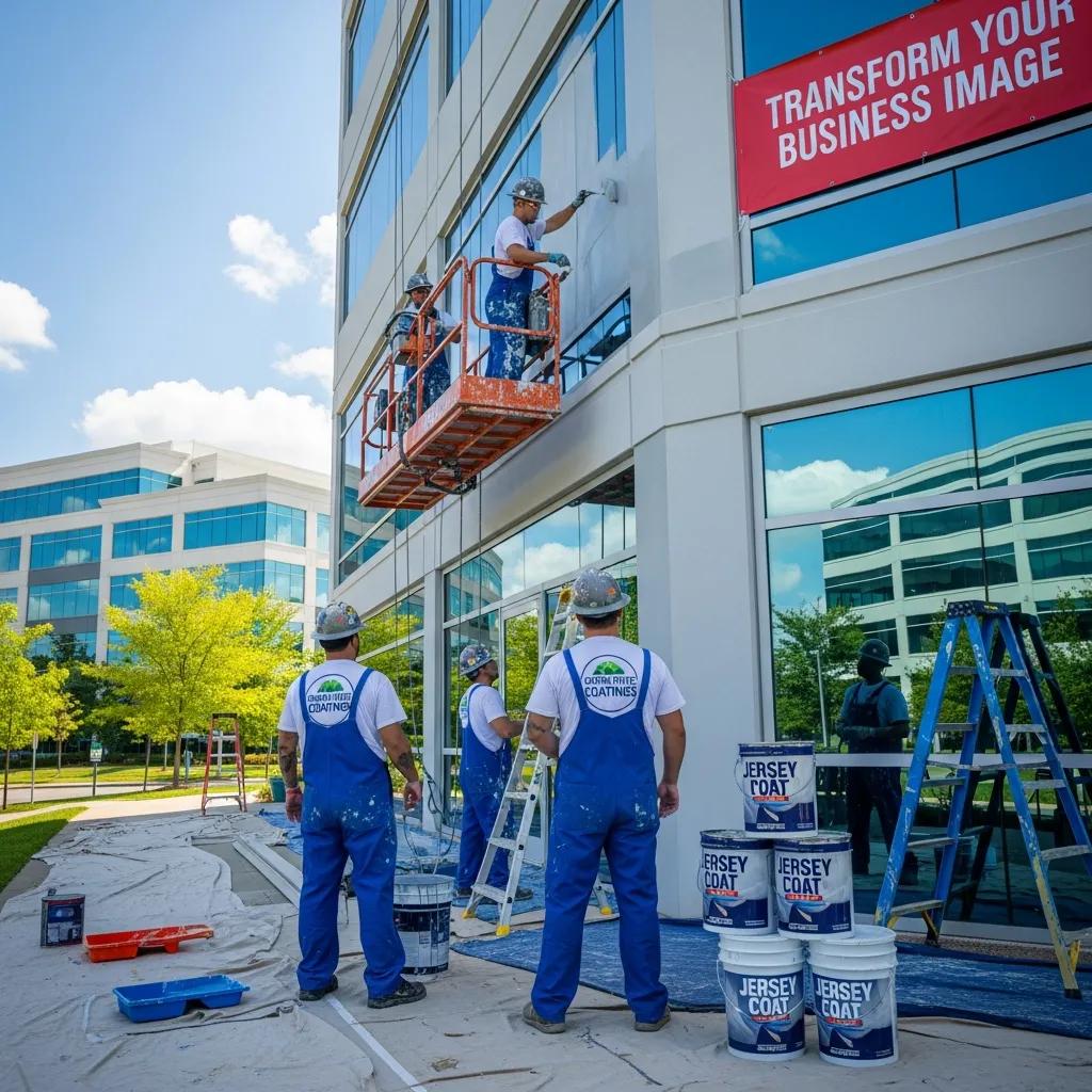 Professional painters working on a commercial building in New Jersey, showcasing quality painting services with equipment and paint cans labeled "Jersey Coat."
