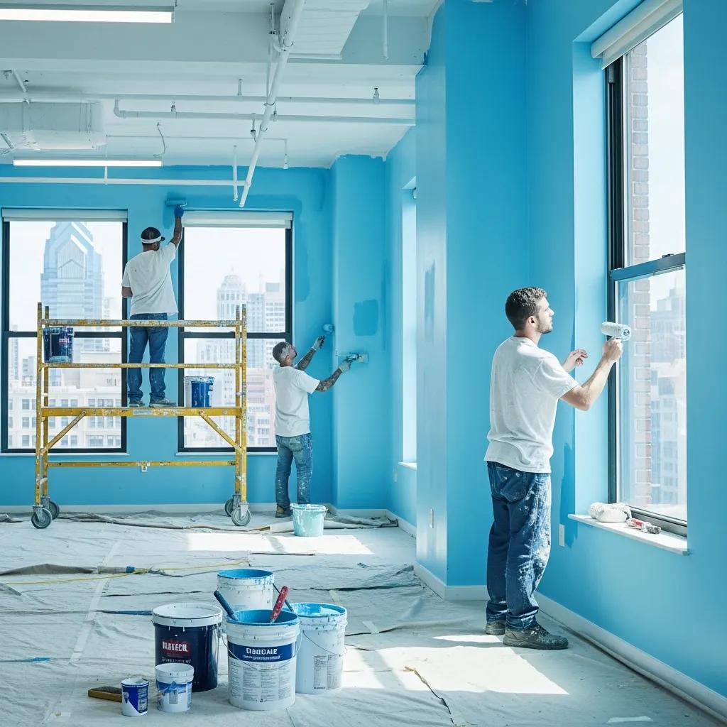 Professional painters applying vibrant blue paint in a commercial interior space in Philadelphia, showcasing quality office painting services with tools and materials visible.