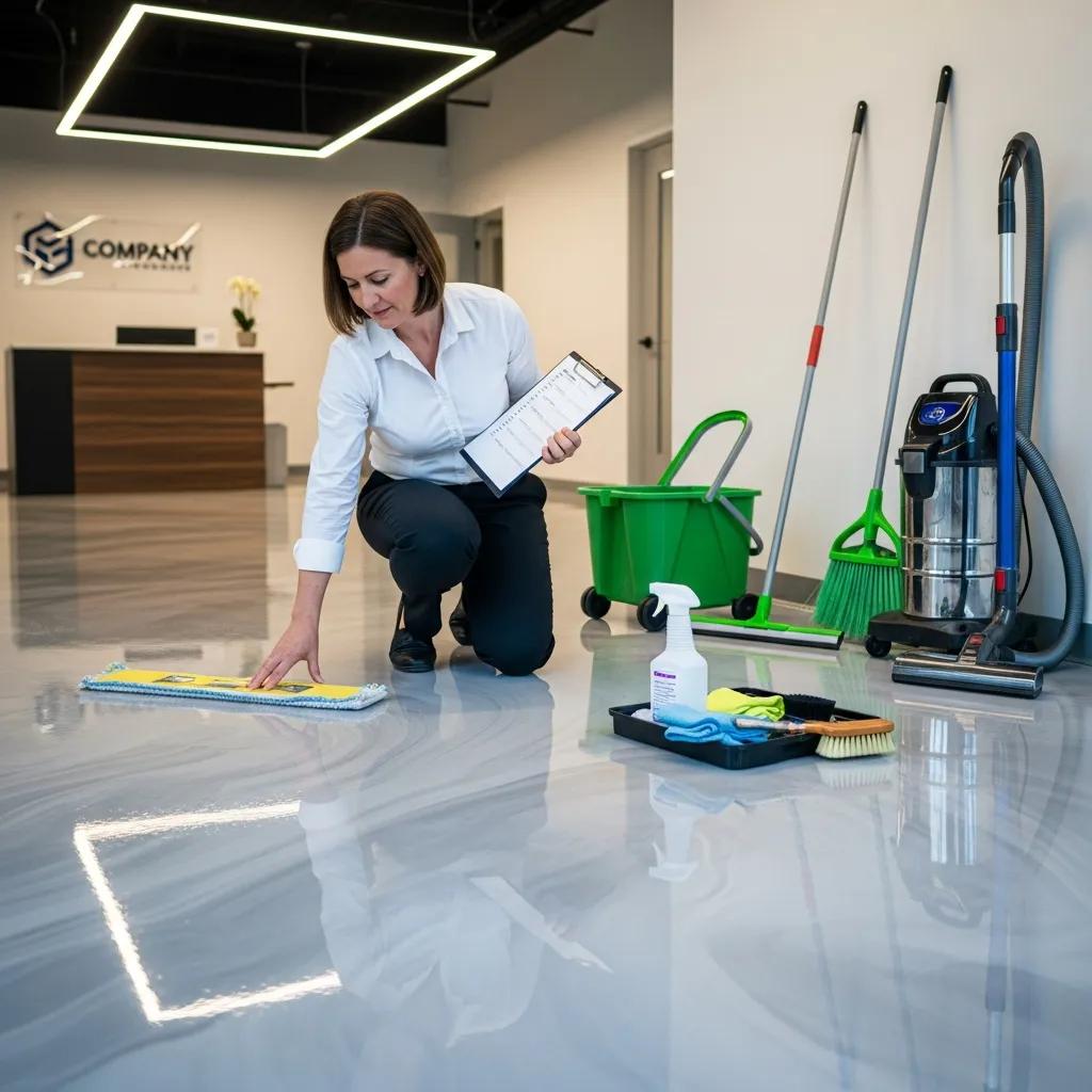 Property manager inspecting a clean epoxy floor with maintenance tools, including a mop, cleaning supplies, and a vacuum in a commercial space.