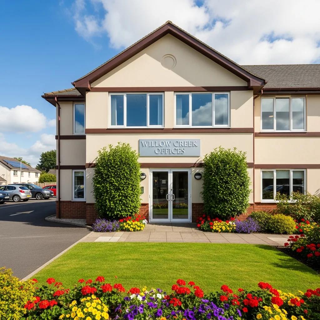 Well-maintained commercial property exterior with vibrant landscaping, showcasing enhanced curb appeal and inviting entrance for Willow Creek Offices.