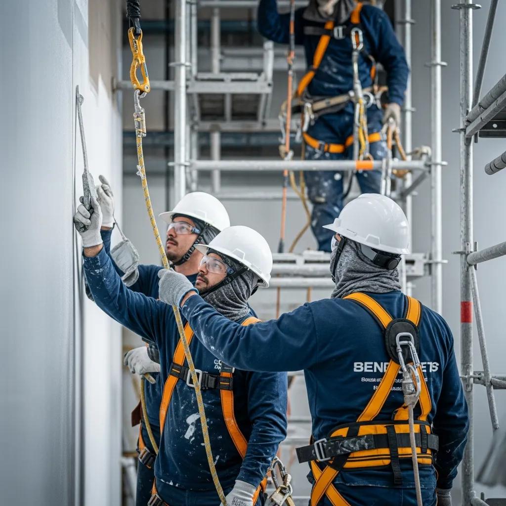 Workers in safety gear applying epoxy paint on a wall during an industrial painting project, emphasizing safety standards and compliance.