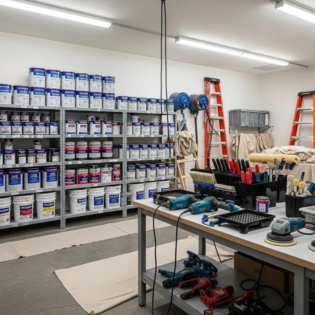 Workspace of a commercial painting company featuring organized shelves of high-quality paint materials and tools, including brushes, rollers, and power tools, illustrating service offerings and preparation for professional painting projects.